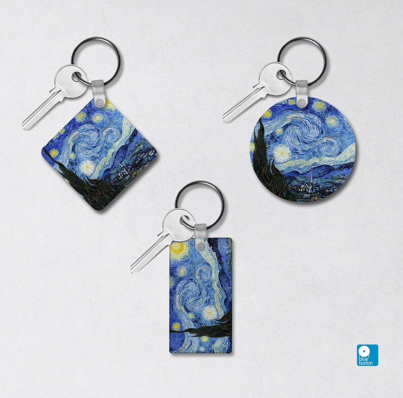 May include: Three keychains featuring a reproduction of Vincent van Gogh's Starry Night painting. The keychains are available in a square, round, and rectangular shape.