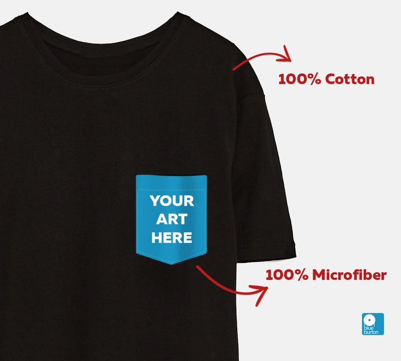 May include: Black t-shirt with a blue pocket that says "YOUR ART HERE" on it. The t-shirt is made of 100% cotton and the pocket is made of 100% microfiber.