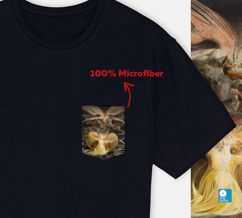 May include: A black t-shirt with a pocket featuring a painting of a winged figure. The text "100% Microfiber" is printed on the shirt.