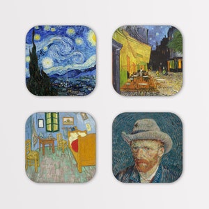 May include: Set of four square coasters featuring famous paintings by Vincent van Gogh. The coasters depict "The Starry Night", "Cafe Terrace at Night", "Bedroom in Arles", and a self-portrait of the artist.