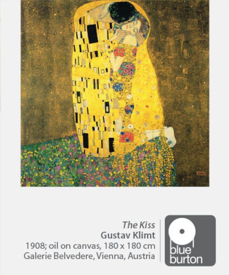 May include: A print of Gustav Klimt's "The Kiss", showing a couple in an embrace, with gold and geometric patterns. The background is gold, and the painting is oil on canvas, measuring 180 x 180 cm. The artwork is from the Galerie Belvedere, Vienna.