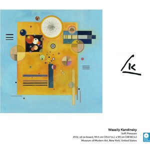 May include: Abstract painting by Wassily Kandinsky titled "Soft Pressure" featuring geometric shapes in yellow, blue, red, black, and white on a blue background. The painting is 39.17 inches by 38.98 inches.