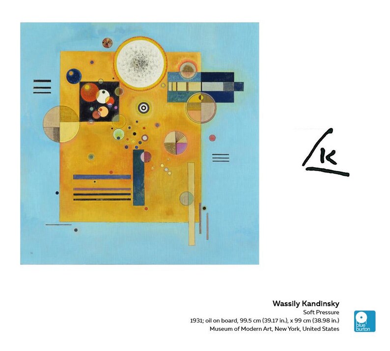 May include: Abstract painting by Wassily Kandinsky titled "Soft Pressure" featuring geometric shapes in yellow, blue, red, black, and white on a blue background. The painting is 39.17 inches by 38.98 inches.