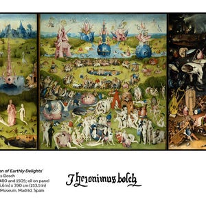 Peut inclure: Un triptyque intitul&eacute; "Le Jardin des D&eacute;lices terrestres" de J&eacute;r&ocirc;me Bosch. La peinture repr&eacute;sente trois sc&egrave;nes&nbsp;: un jardin paradisiaque, une sc&egrave;ne de d&eacute;lices terrestres et une sc&egrave;ne infernale. La peinture est &agrave; l'huile sur panneau et mesure 220 cm par 390 cm.