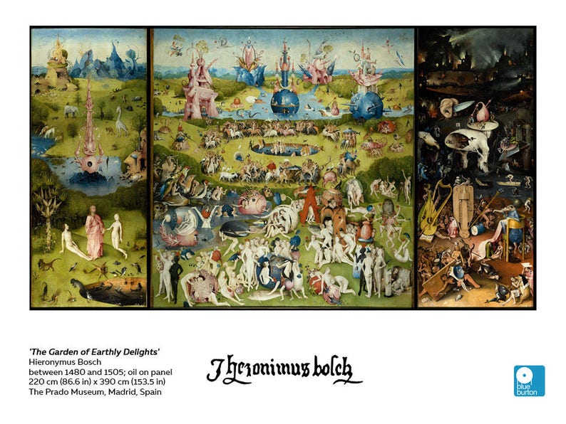Peut inclure: Un triptyque intitul&eacute; "Le Jardin des D&eacute;lices terrestres" de J&eacute;r&ocirc;me Bosch. La peinture repr&eacute;sente trois sc&egrave;nes&nbsp;: un jardin paradisiaque, une sc&egrave;ne de d&eacute;lices terrestres et une sc&egrave;ne infernale. La peinture est &agrave; l'huile sur panneau et mesure 220 cm par 390 cm.