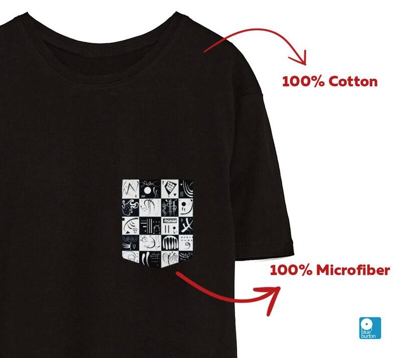 May include: Black t-shirt with a pocket featuring a black and white graphic design. The t-shirt is made of 100% cotton.