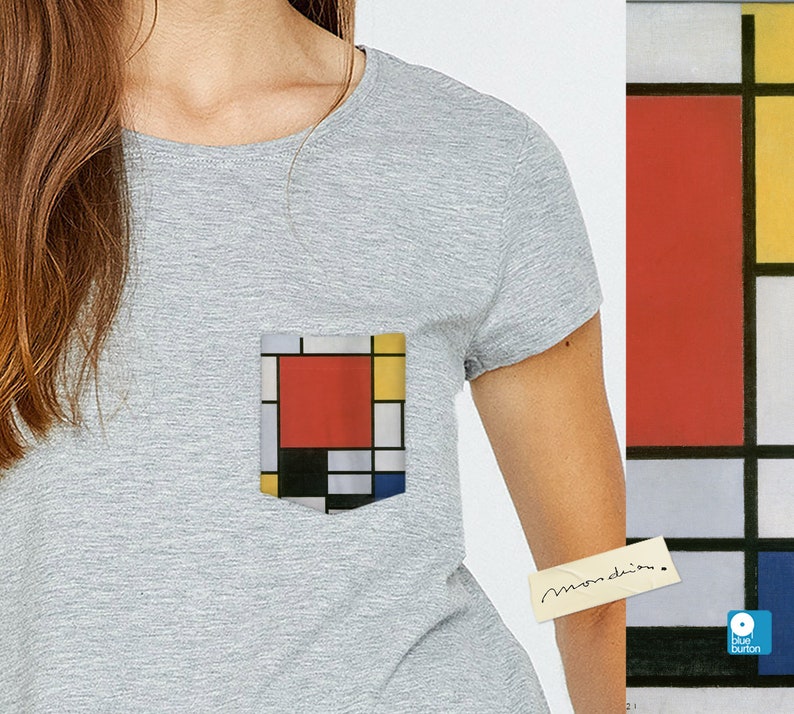 May include: A grey t-shirt with a pocket featuring a geometric design in red, yellow, blue, and black. The design is reminiscent of a famous abstract painting.