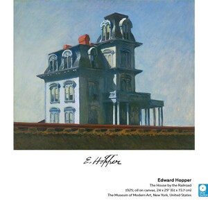Peut inclure: Une peinture d'Edward Hopper intitul&eacute;e "La Maison pr&egrave;s du chemin de fer" repr&eacute;sente une maison blanche avec un toit fonc&eacute; et une chemin&eacute;e rouge. La maison poss&egrave;de un grand porche avec des colonnes blanches et est situ&eacute;e devant un ciel bleu. La peinture est dat&eacute;e de 1925 et est une huile sur toile.