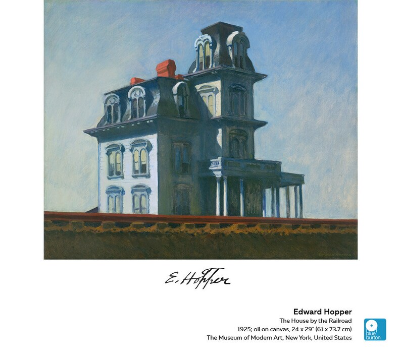 Peut inclure: Une peinture d'Edward Hopper intitul&eacute;e "La Maison pr&egrave;s du chemin de fer" repr&eacute;sente une maison blanche avec un toit fonc&eacute; et une chemin&eacute;e rouge. La maison poss&egrave;de un grand porche avec des colonnes blanches et est situ&eacute;e devant un ciel bleu. La peinture est dat&eacute;e de 1925 et est une huile sur toile.