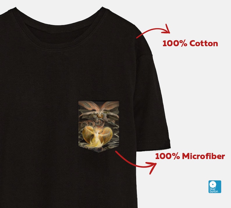 May include: Black t-shirt with a pocket featuring a painting of a winged figure. The t-shirt is made of 100% cotton. 100% Microfiber.