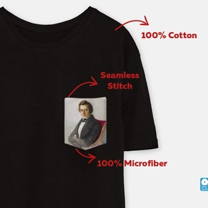 May include: Black t-shirt with a pocket featuring a portrait of a man. The t-shirt is made of 100% cotton and has a seamless stitch. The pocket is made of 100% microfiber.