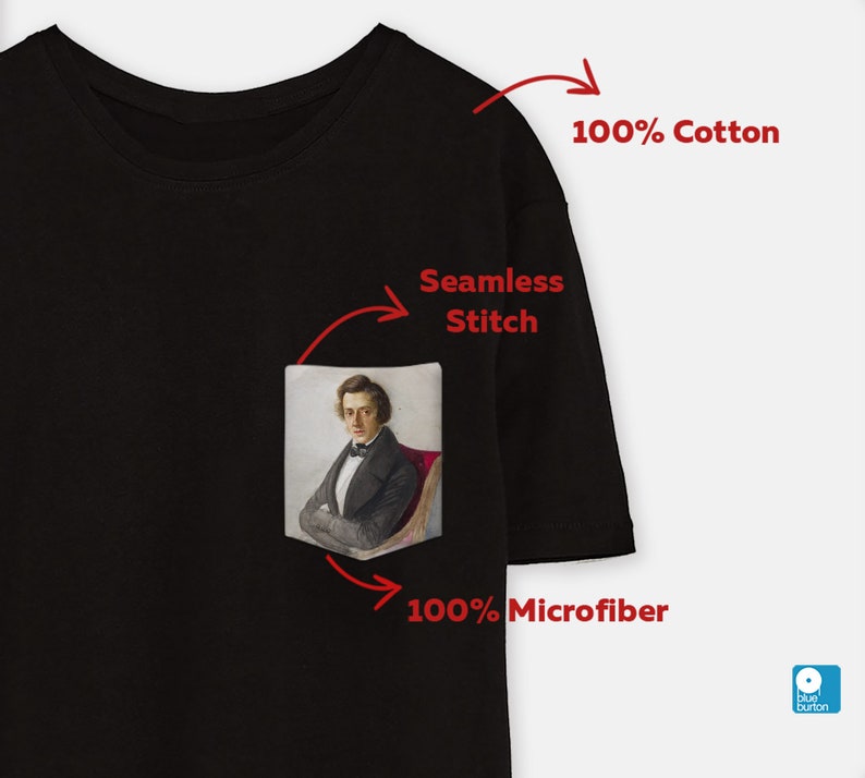 May include: Black t-shirt with a pocket featuring a portrait of a man. The t-shirt is made of 100% cotton and has a seamless stitch. The pocket is made of 100% microfiber.