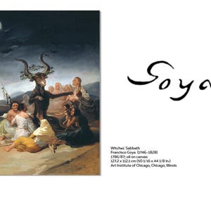 Peut inclure: Une peinture repr&eacute;sentant une sc&egrave;ne nocturne sombre et orageuse avec un groupe de personnes rassembl&eacute;es autour d'une figure cornue. La figure semble &ecirc;tre une ch&egrave;vre ou un d&eacute;mon, et les personnes sont v&ecirc;tues de v&ecirc;tements simples. La peinture est intitul&eacute;e "Le Sabbat des Sorci&egrave;res" et est attribu&eacute;e &agrave; Francisco Goya.