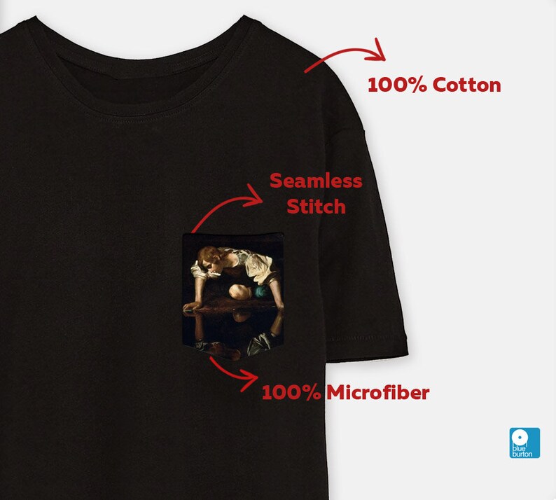 Pode incluir: Camiseta preta com um bolso que apresenta uma pintura de uma crian&ccedil;a olhando para um espelho. A camiseta &eacute; feita de 100% algod&atilde;o e tem uma costura sem costuras.