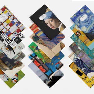 May include: A set of 10 notebooks with different famous paintings on the covers. The covers feature a variety of styles and colors, including a checkered pattern, a starry night scene, and a portrait of a woman with a pearl earring. Each notebook has the word "NOTES" printed on the cover.