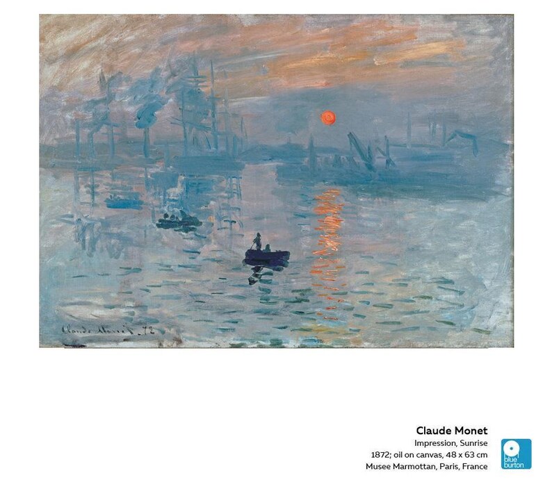 May include: Impressionist painting of a sunrise over a harbor with boats and a red sun in the sky. The painting is by Claude Monet and is titled "Impression, Sunrise".