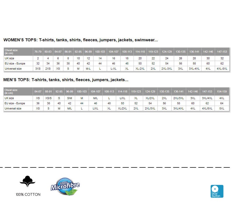 May include: A size chart for women's and men's tops. The chart lists chest sizes in centimeters and corresponding UK, EU, and universal sizes. The chart includes sizes from 3XS to 5XL.