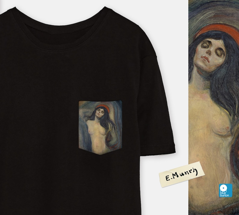 May include: Black t-shirt with a pocket featuring a painting of a woman with long dark hair and a red headband. The painting is titled "E. Munch".