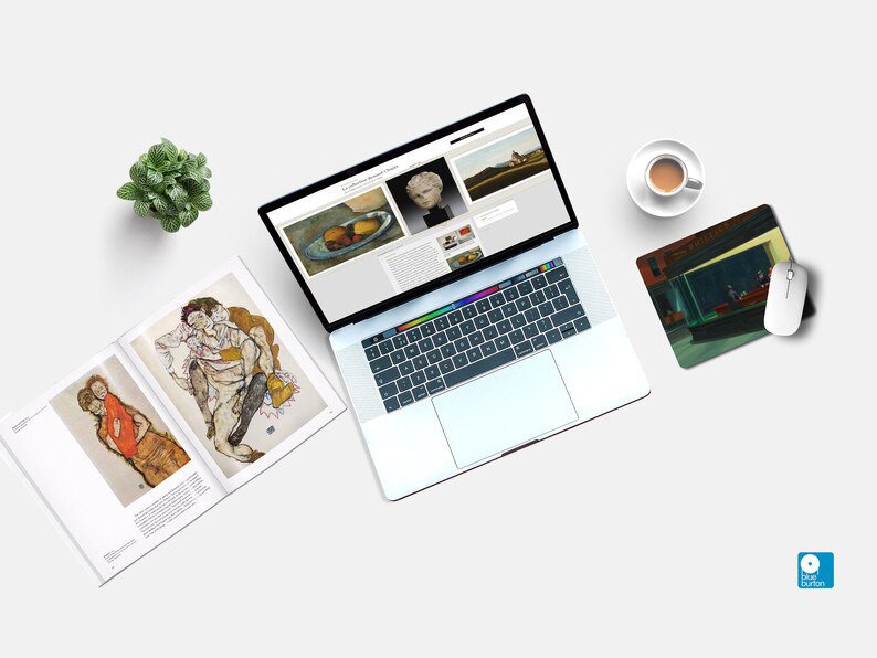 May include: A laptop computer with a white background, a book with two paintings of people, a cup of coffee, and a mouse pad with a painting of a diner scene.