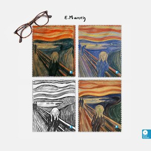 May include: Four different versions of Edvard Munch's iconic painting "The Scream" printed on microfiber cleaning cloths. The cloths are square and have a stitched border. The top left cloth is a full color version of the painting. The top right cloth is a blue and yellow version of the painting. The bottom left cloth is a black and white version of the painting. The bottom right cloth is a yellow and orange version of the painting.