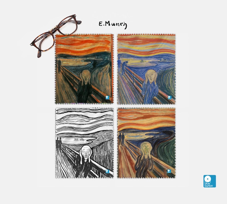 May include: Four different versions of Edvard Munch's iconic painting "The Scream" printed on microfiber cleaning cloths. The cloths are square and have a stitched border. The top left cloth is a full color version of the painting. The top right cloth is a blue and yellow version of the painting. The bottom left cloth is a black and white version of the painting. The bottom right cloth is a yellow and orange version of the painting.