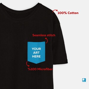 May include: Black t-shirt with a blue pocket that says "YOUR ART HERE". The t-shirt is made of 100% cotton and has a seamless stitch.