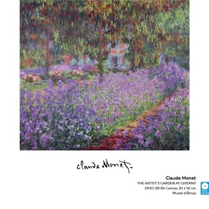 May include: A painting by Claude Monet titled "The Artist's Garden at Giverny" depicting a field of purple irises with a path leading through the center. The painting is oil on canvas and measures 81 x 92 cm.