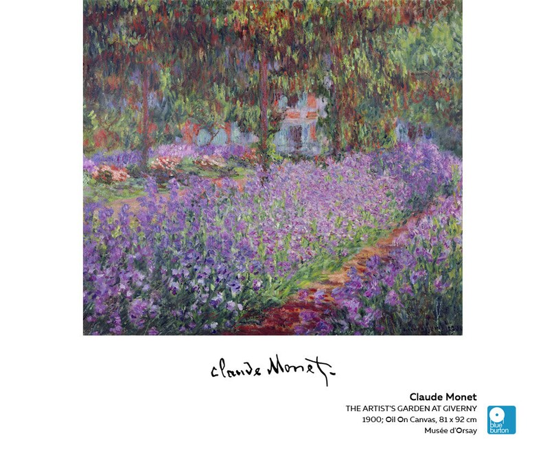 May include: A painting by Claude Monet titled "The Artist's Garden at Giverny" depicting a field of purple irises with a path leading through the center. The painting is oil on canvas and measures 81 x 92 cm.