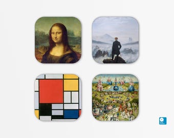 Juego de posavasos de 4 obras maestras: Mona Lisa, Mondrian y El jardín de las delicias