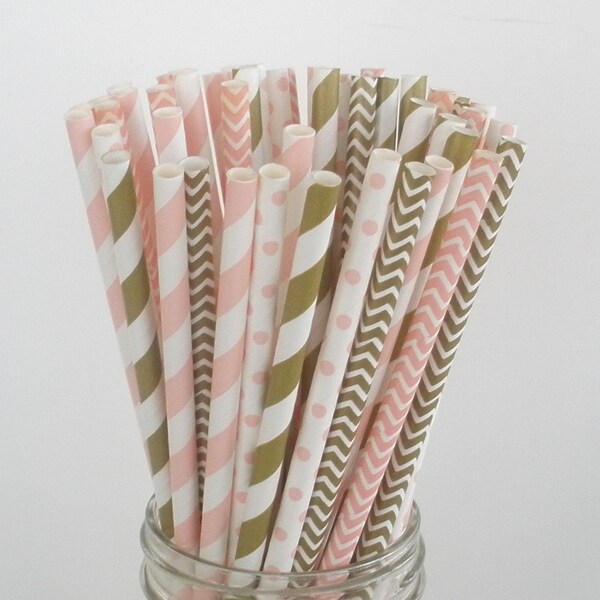 Paper Straws Blush Pink & Gold Mix Plastic Mason Jar Paper Straws Low Shipping Rates Fast Shipping Choose 25, 50 or 75 Straws