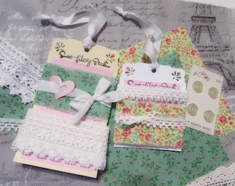 Inspiration Kit SLS33 Torn Ribbon Crochet Lace /& 6 Fabric Squares Hand Frayed Cottage Roses Floral Fabric Ribbon Lot Pink Buttons