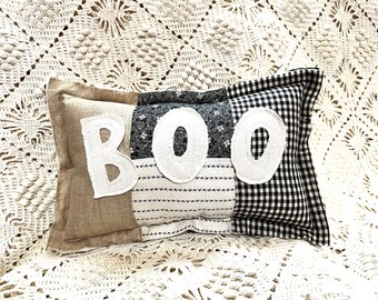 BOO Antique Quilt and Grain Sack Halloween Small Pillow Black Calicos Check Farmhouse Primitive Country Home