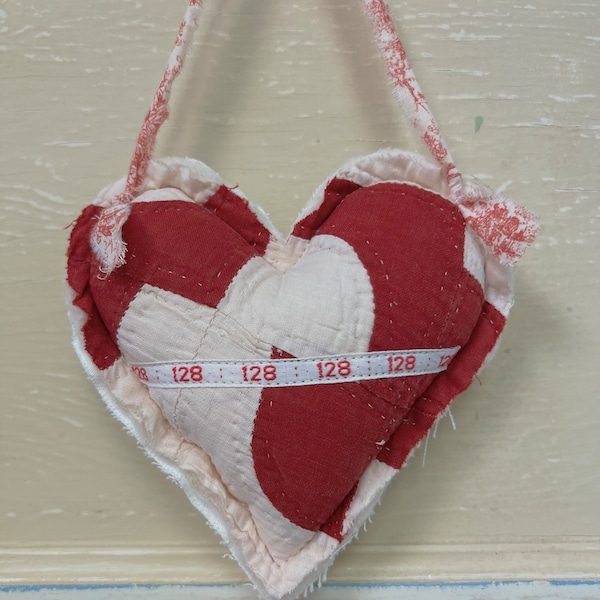 Vintage Red Quilt Heart French Ribbon Peg Hanger Pillow Bowl Filler Country Home Farmhouse Primitive