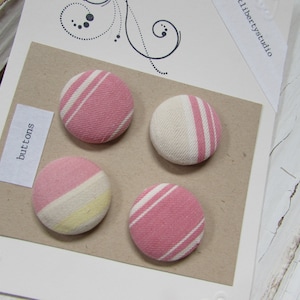 4 Pink Vintage French Ticking Fabric Covered Buttons Set - Ready to Ship
