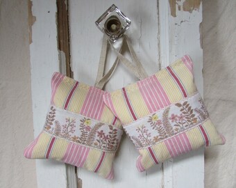 2 Vintage Pink French Ticking & Floral Ribbon Lavender Sachet Hanger - Bowl Filler - Drawer Scent - Ready to Ship
