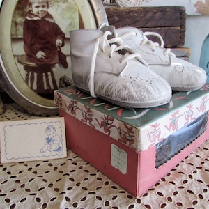 Vintage Baby Shoes in Display Box Primitive Decor Rustic Shabby Chic Farmhouse Cottage Decor