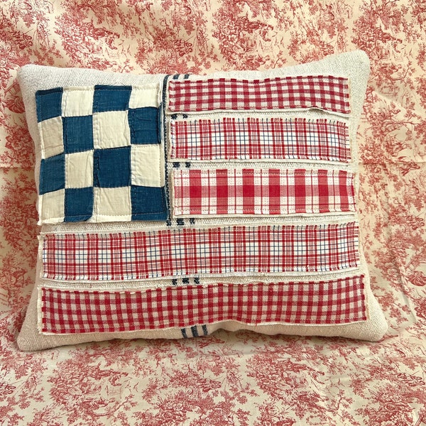 Flag Pillow Red Check Kelsch Blue Quilt Grain Sack Large Pillow Farmhouse Primitive Grainsack Cottage July 4th Patriotic