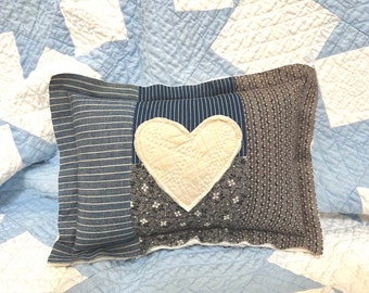 Heart on Antique Quilt Small Pillow Blue Indigos Handmade Farmhouse Primitive Country Home