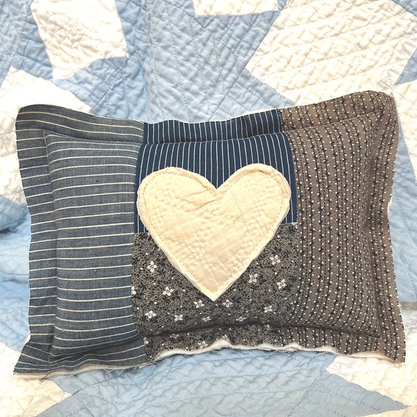 Heart on Antique Quilt Small Pillow Blue Indigos Handmade Farmhouse Primitive Country Home