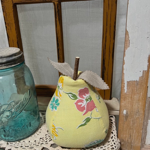 Vintage Feed Sack Pear Yellow Handmade Grain Sack Fall Autumn Farmhouse Decor Primitive Shabby Cottage  - Wood Stem