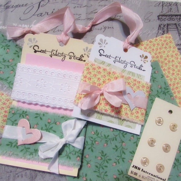 Hand Frayed Cottage Roses Buds Fabric Ribbon Lot - Inspiration Kit - Buttons - Torn Ribbon Eyelet Ribbon - plus 6" Fabric Squares - SLS32