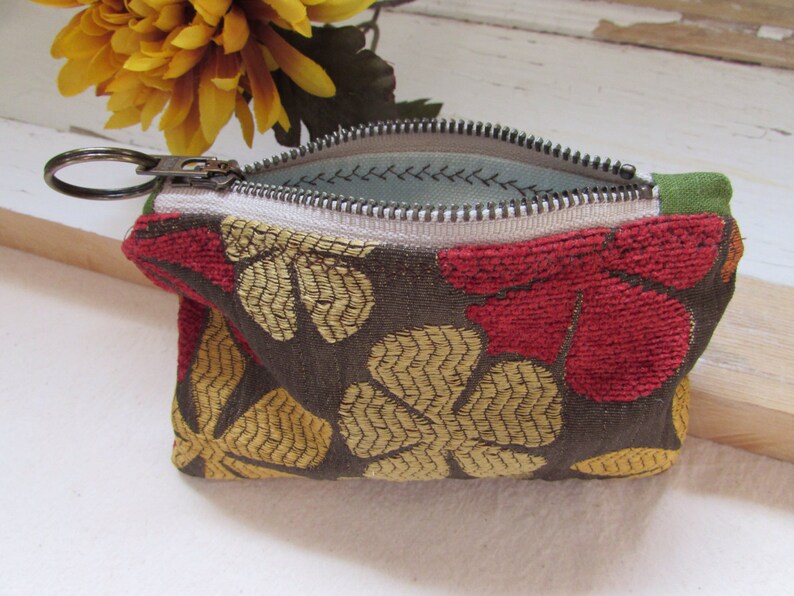 Handmade Coin Purse Red Orange Green Floral Zipper Pouch Small Etsy