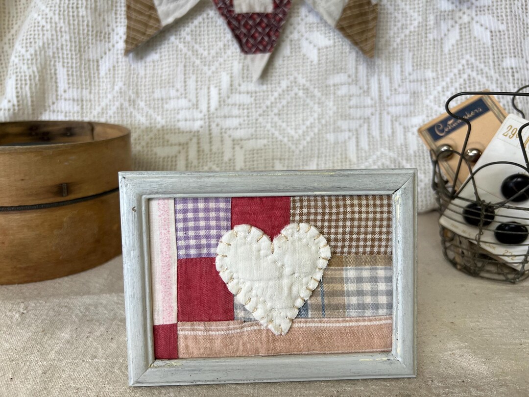Antique Neutral Patch Quilt Heart Valentine on Quilt Framed Chippy ...