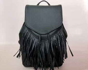 Black Backpack-Fringe Backpack-Vegan Backpack-Faux Leather Bag-Women's Backpack-Casual Backpack-Black Woman Bag-Black Rucksack-Faux Leather