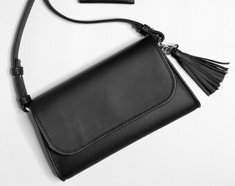 Black/ Gold/ Brown shoulder bag with cardholder-Crossbody bag-Clutch bag-Caramel women bag-Faux leather bag-Messenger bag-Vegan leather bag