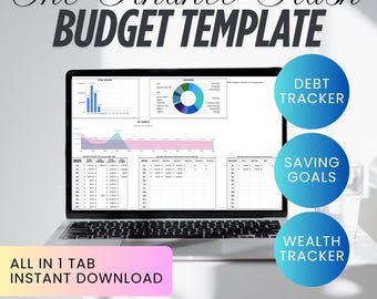 Könnte beinhalten: Ein Laptop mit einer Budgetvorlage mit Diagrammen und Tabellen. Der Bildschirm zeigt Datenvisualisierungen für Schuldenverfolgung, Sparziele und Vermögensverfolgung. Der Text lautet "The Finance Stash BUDGET TEMPLATE" und "ALL IN 1 TAB INSTANT DOWNLOAD."