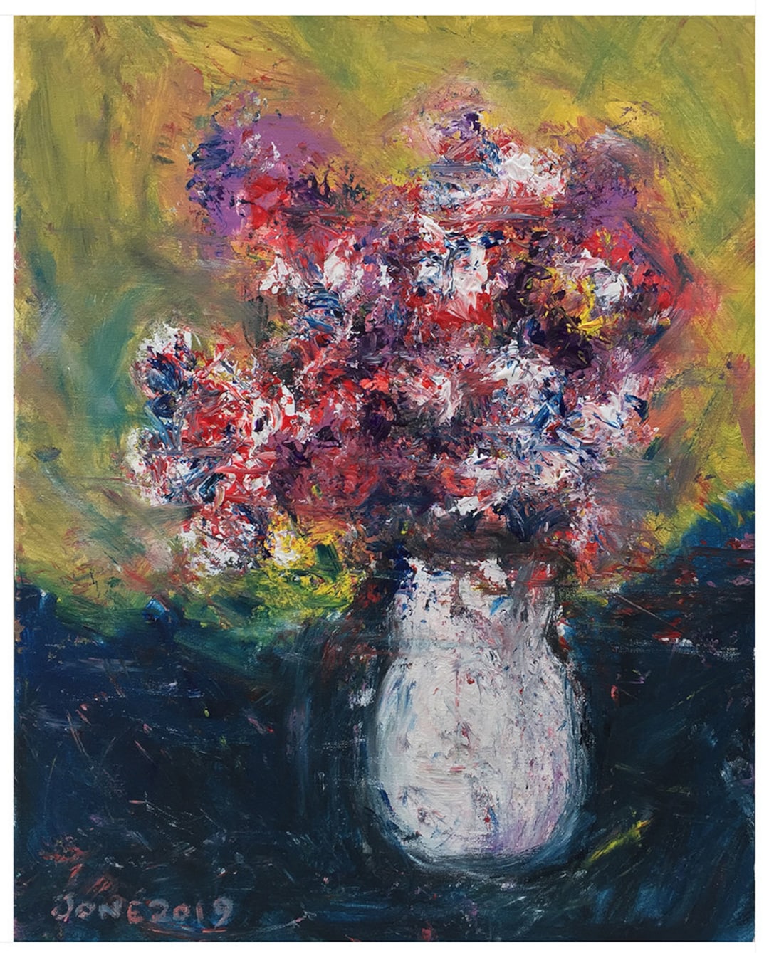 白い花瓶の花（アクリル画） 白い花瓶の花、キャンバスに描かれたアクリル画、16