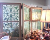 exquisite Reverse Painted White Gilt Mirrored greenman scroll panels handcrafted and decorated trifold wooden screen mantel table piano top