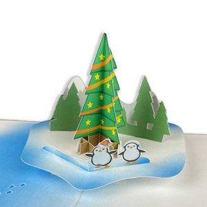 Pinguine und Weihnachtsbaum Pop-Up Karte