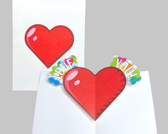 Tarjeta de amor con corazón emergente, saludo de aniversario o día de San Valentín